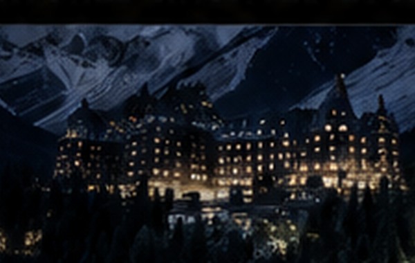 Illustration of a castle hotel in the Rocky Mountains